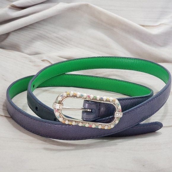 Vintage Womens Leather Slim Belt Blue Rhinestone Enamel Buckle Medium 38 Inch main image 7